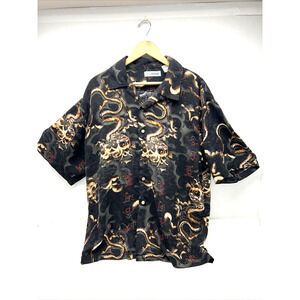 Vintage 1990 Canyon River Blues Dragon Print Shirt Retro Mens Size XL Black Tan